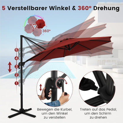 Parasol – Zweefparasol – Stokparasol – Tuinparasol – Marktparasol – Ø 300 cm – Kantelbaar en 360° Draaibaar – Rood Polyester