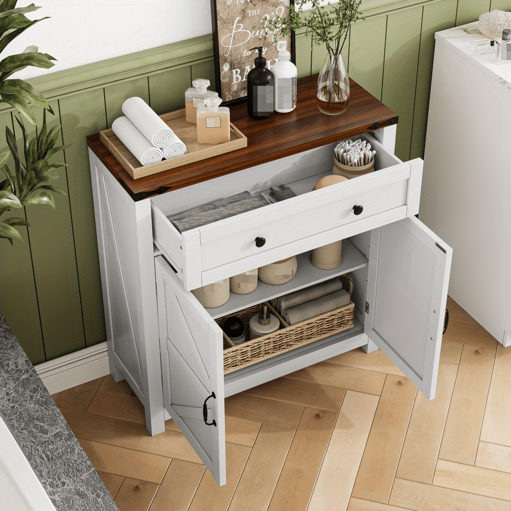 Cabinets with drawers and adjustable shelves, white kitchen cabinets with walnut countertops, modern coffee bar-style storage cabinets, suitable for kitchens, dining rooms, bathrooms and entrance areas.