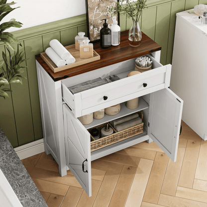 Cabinets with drawers and adjustable shelves, white kitchen cabinets with walnut countertops, modern coffee bar-style storage cabinets, suitable for kitchens, dining rooms, bathrooms and entrance areas.