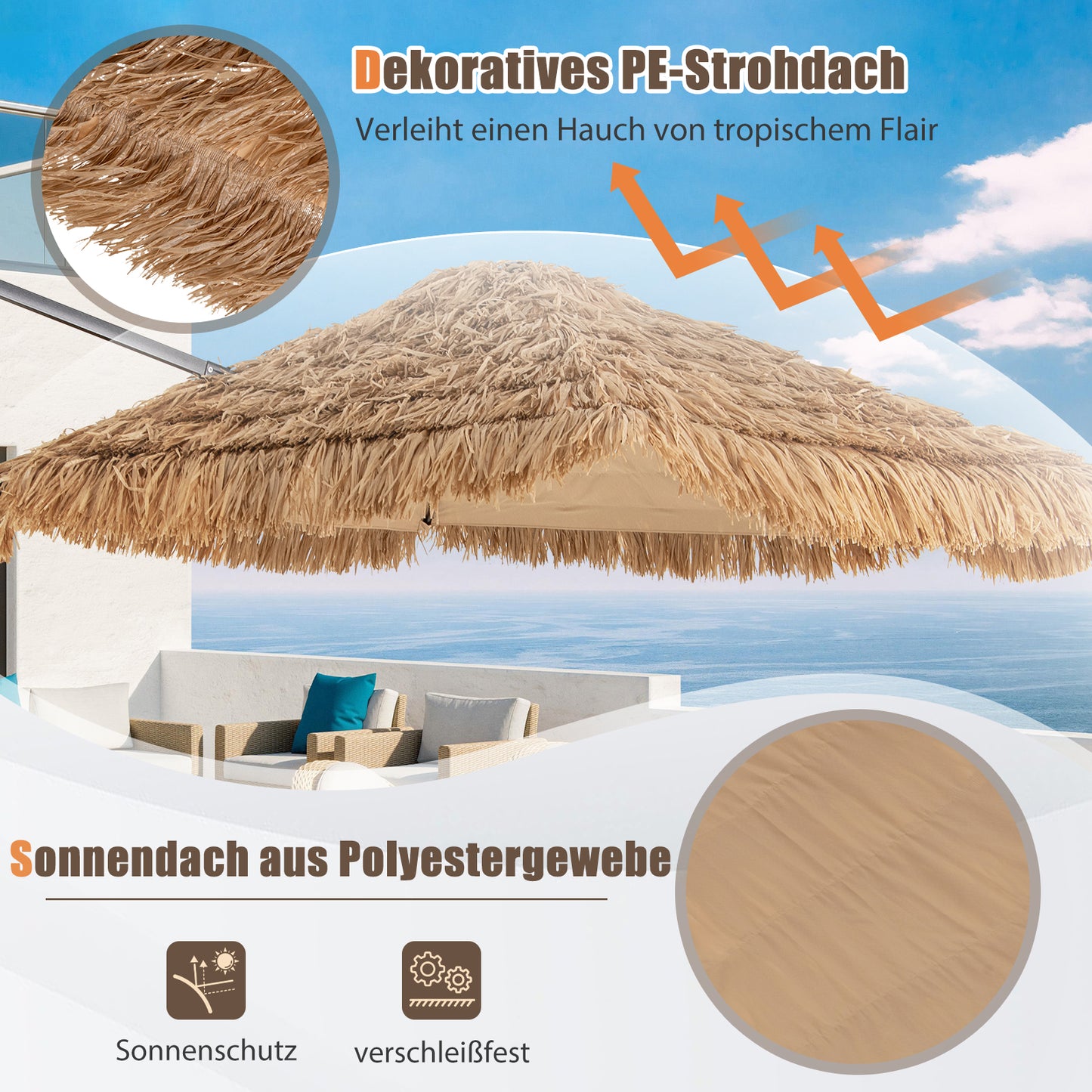 Cantilever Parasol – Zweefparasol – Hangparasol – Patio Parasol – Tiki Parasol – Tropische PE-thatch Dakbedekking – Ventilerend Dubbel Lagen Ontwerp – Ø 283 cm Bruin