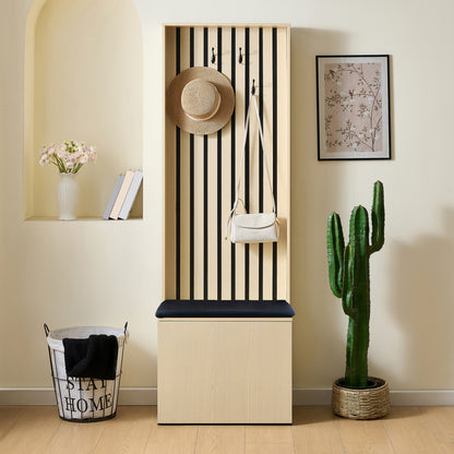 BTM Hallway Coat Rack, Coat Panel with Bench and Storage Space, Wood-Look Coat Furniture with 4 Hooks and Soft Cushion, Modern Design, 179.5 cm