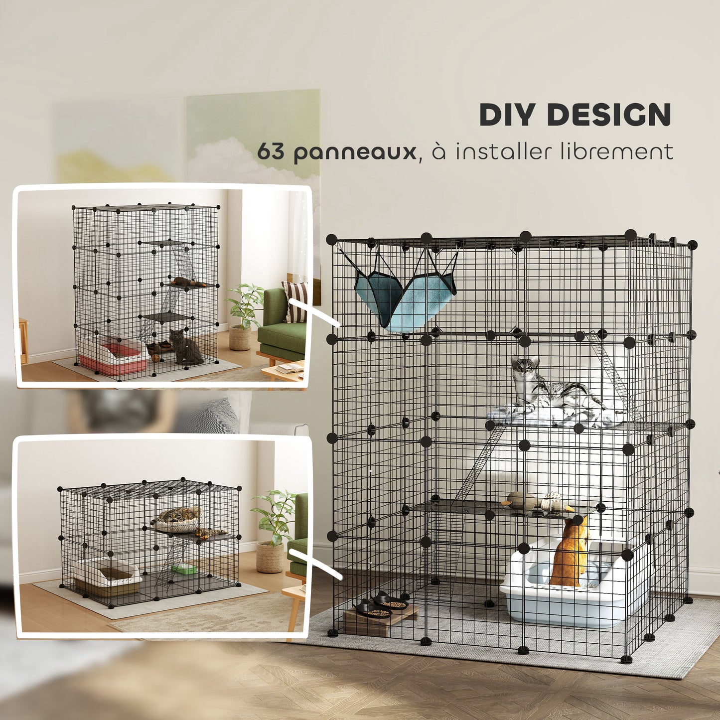 Modulaire Binnenren – Konijnenren – Kleine Dierenkooi – Binnenkooi – Huisdierenren – Zwart Metalen Draadwerk – 4 Niveaus en 1,1 m² Speelruimte