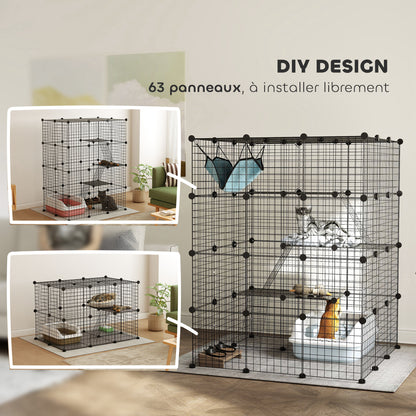 Modulaire Binnenren – Konijnenren – Kleine Dierenkooi – Binnenkooi – Huisdierenren – Zwart Metalen Draadwerk – 4 Niveaus en 1,1 m² Speelruimte