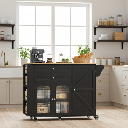 Keukentrolley – Keukenkast – Serveerwagen – Opbergkar – Keukenwagen – Mobiel met Inklapbare Werkbladen – 4-Lagen Opbergruimte met Laden en Deuren