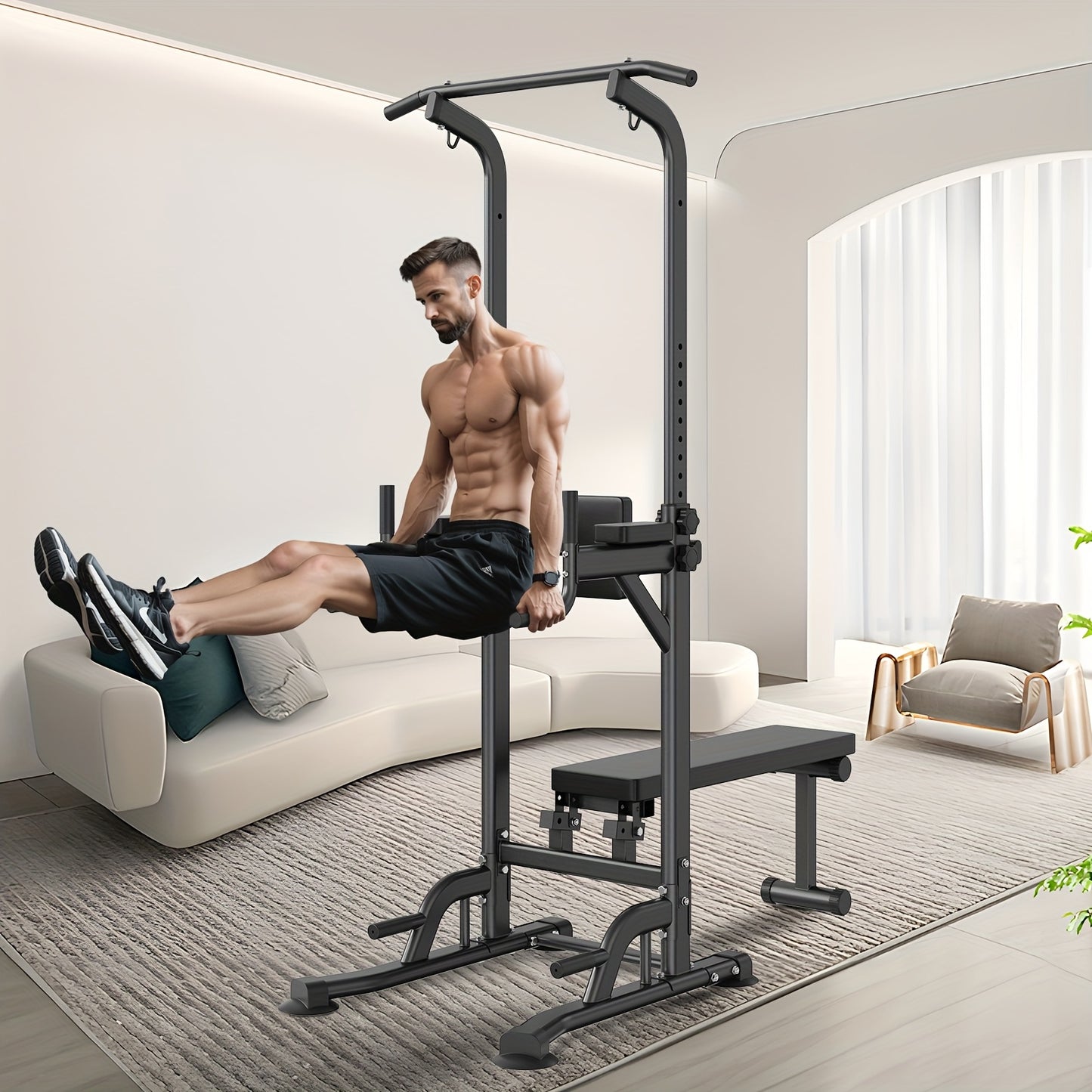 Power Tower – Thuisfitnessapparaat – Krachttrainer – Fitnessstation – Workoutstation – Verstelbare Pull-Up Bar – Maximaal 200 Kg Belastbaar