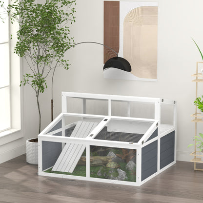 Turtle Huis – Schildpadden Verblijf – Terrarium – Buitenren – Houten Kweekverblijf – Dubbele Verdieping – 3 Deuren en Toegangsluis – 115x115x82 cm Grijs