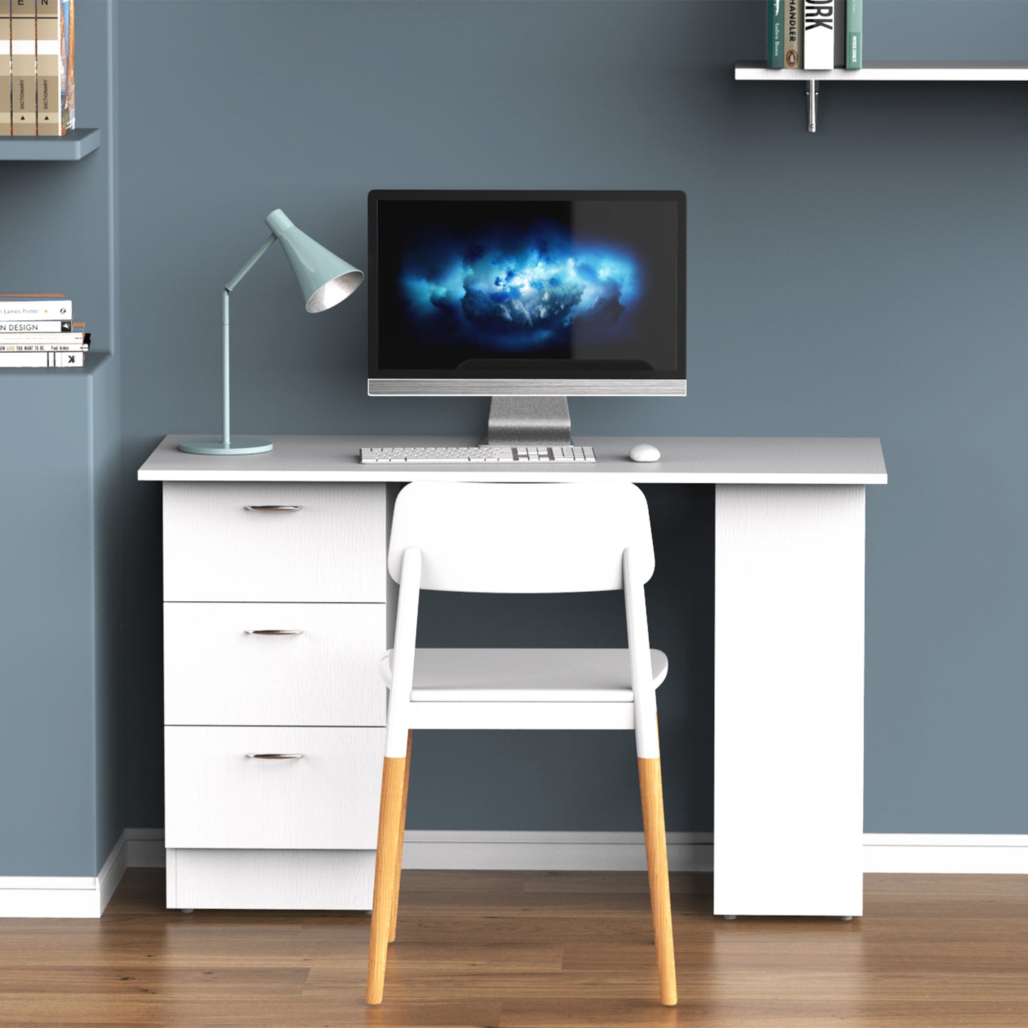 Computertafel – Bureau – Werkplek – Studietafel – Laptoptafel – Met 3 Laden – MDF Wit – Compact 120x49x72 cm
