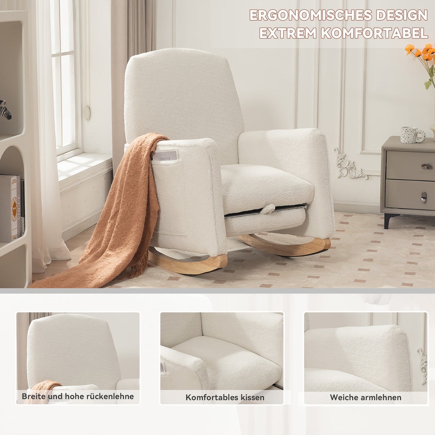 Lounge Schommelstoel – Relaxstoel – Fauteuil – Woonkamerstoel – Schommelstoel Met Voetenbankje – Wit – Hardhouten Frame – Zachte Teddy Bekleding