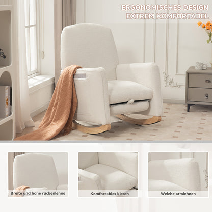 Lounge Schommelstoel – Relaxstoel – Fauteuil – Woonkamerstoel – Schommelstoel Met Voetenbankje – Wit – Hardhouten Frame – Zachte Teddy Bekleding