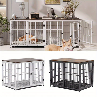 Stylish Wooden Dog Crate with 3 Doors & Removable Tray – Modern Pet Kennel End Table for Small to Large Dogs, Black or White, M/L/XL Sizes Available, Dog Crate Furniture