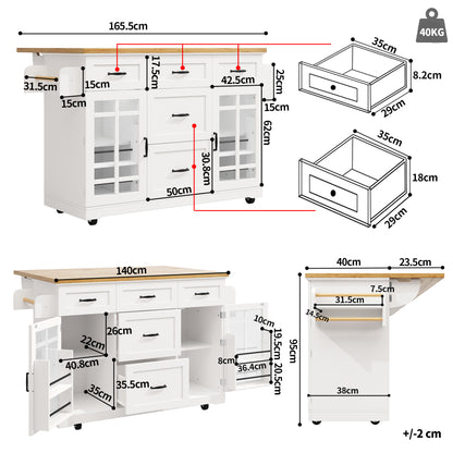 Keukeneiland – Keukentrolley – Keukenkast – Buffetkast – Serveerwagen – 5 Laden – Verstelbare Legplanken – Glazen Deuren – Houten Werkblad – Wieltjes – Wit – 140x40(63,5)x95 cm