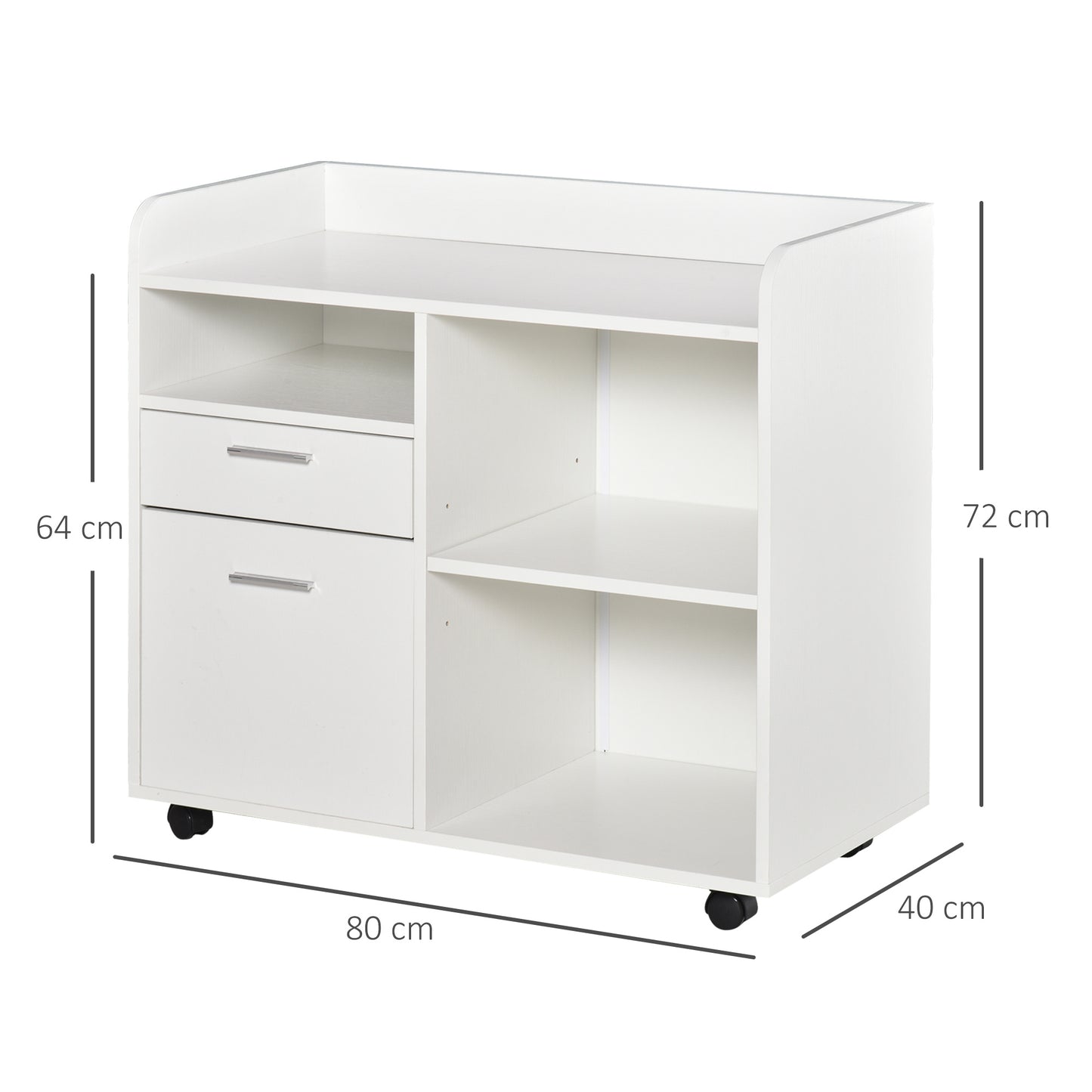 Bureau Organizer – Pennenbakje – Documentenbak – Opberglade – Printerstandaard – Wit Hout – Verstelbare Plank – Mobiele Zwenkwieltjes