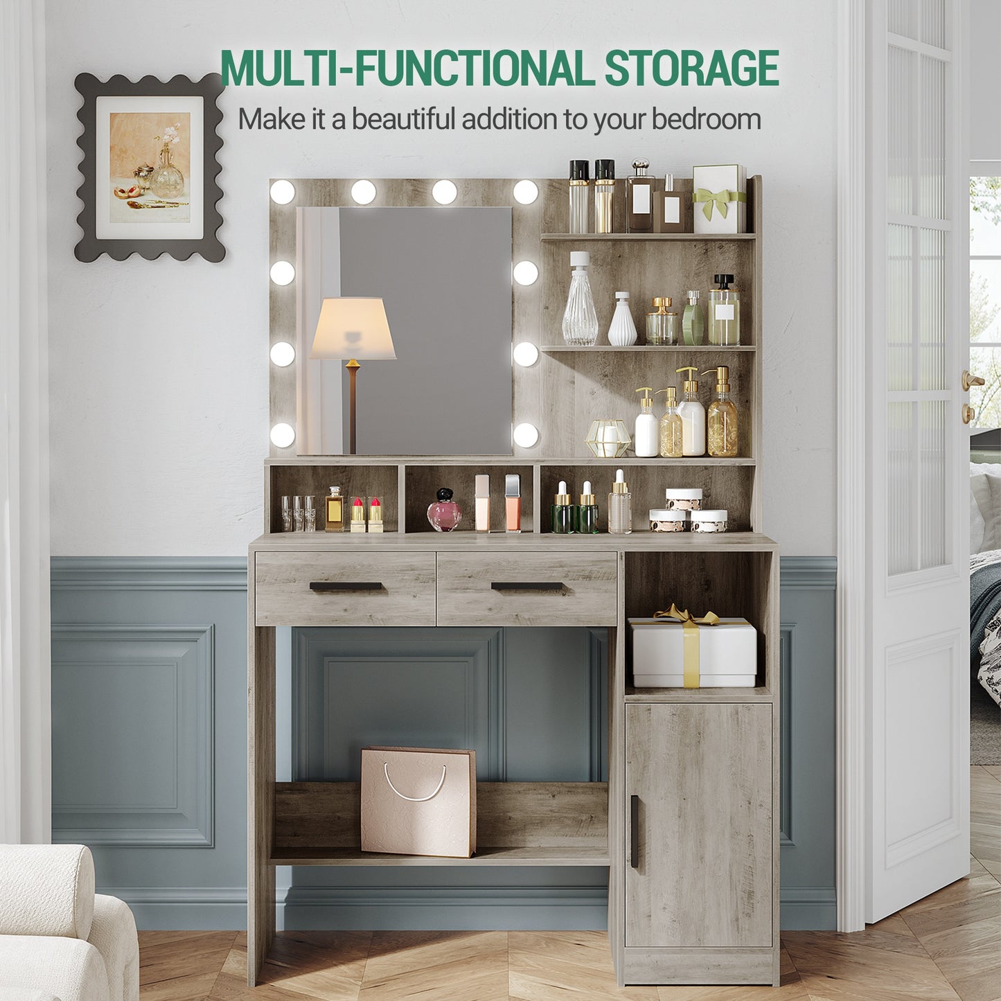 Make-up tafel – kaptafel – schminktafel – make-up bureau – toilettafel – verstelbare LED-verlichting – ruime opbergruimte met lades en kastje – zwart