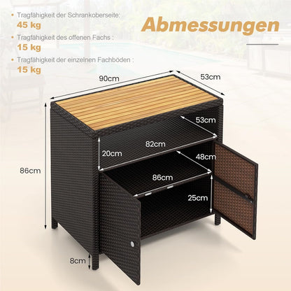 Tuinkast Rattan Opbergkast Bergkast Buitenopberger Terraskast – Bruin – Acaciahouten Werkblad – Verstelbare Voetjes – 90x53x86 cm