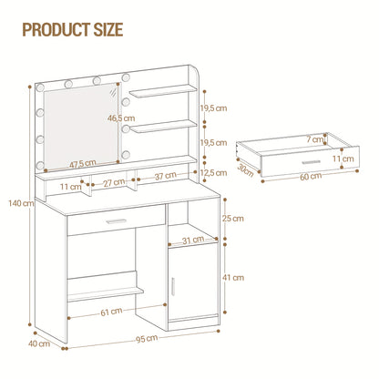 Sieradentafel – Kaptafel – Make-Up Tafel – Dressing Table – Vanity Table – Met Spiegel En 10 LED-Lampjes – 3 Dimbare Lichtstanden – Ruime Opbergruimte Met Lade En Kast