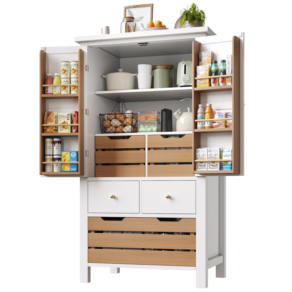 Modern Tall White Kitchen Cabinet with 2 Doors & 5 Drawers - Heavy-Duty -Standing Storage Unit Suitable for Small Kitchens, Dish Cabinet, Pantry, Space-Saving