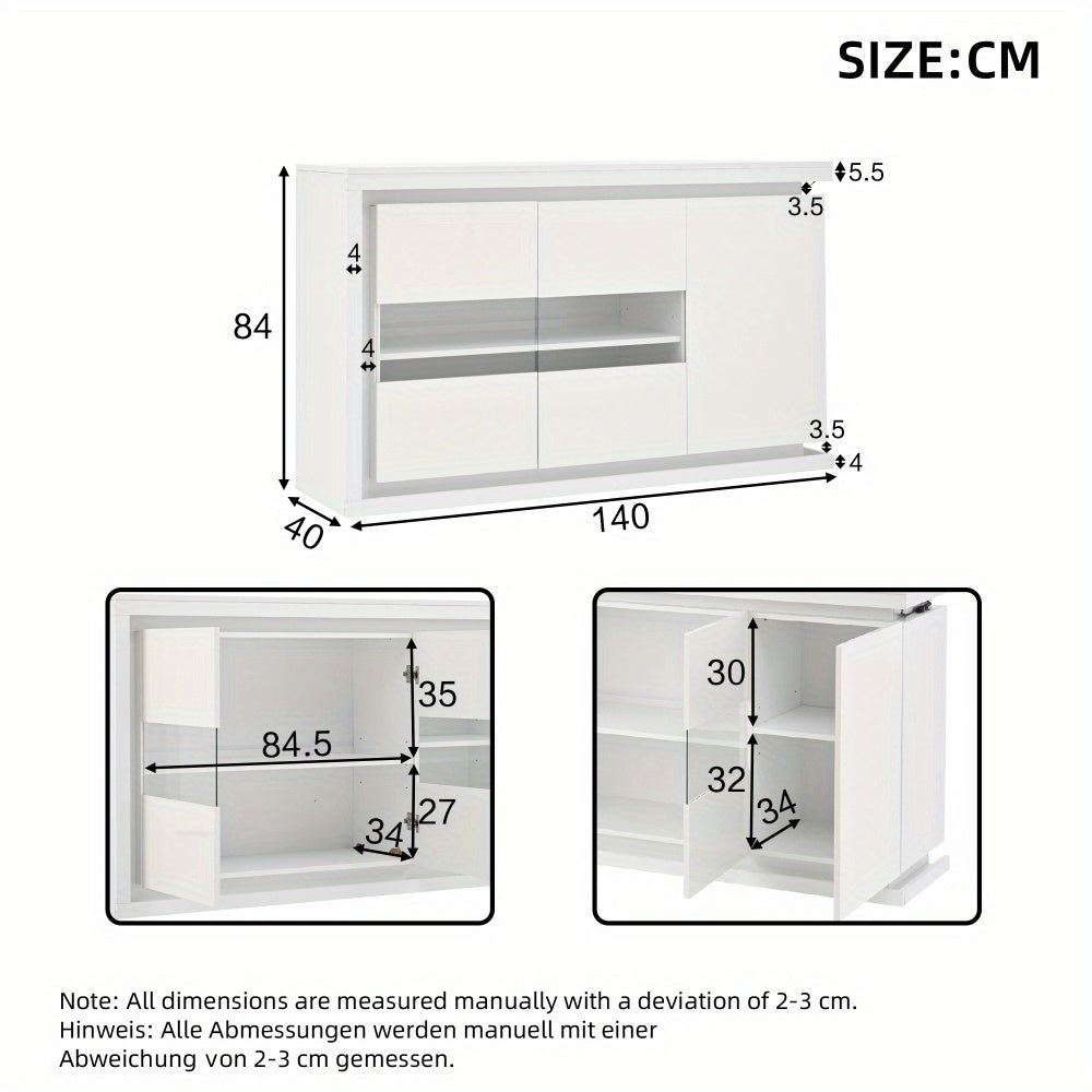 Dressoir – Ladekast – Opbergkast – Buffetkast – Wandkast – Hoogglans Wit – 140x40x84 cm – 4 Compartimenten Met Gehard Glas