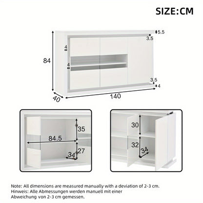 Dressoir – Ladekast – Opbergkast – Buffetkast – Wandkast – Hoogglans Wit – 140x40x84 cm – 4 Compartimenten Met Gehard Glas
