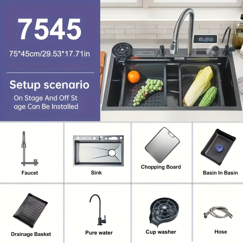keukenkraan – keukenmengkraan – kraan met uittrekbare uitloop – watervalkraan – draaibare kraan – RVS spoelbak 75x45 cm – digitale display & slim afvoersysteem