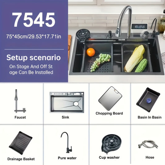 keukenkraan – keukenmengkraan – kraan met uittrekbare uitloop – watervalkraan – draaibare kraan – RVS spoelbak 75x45 cm – digitale display & slim afvoersysteem