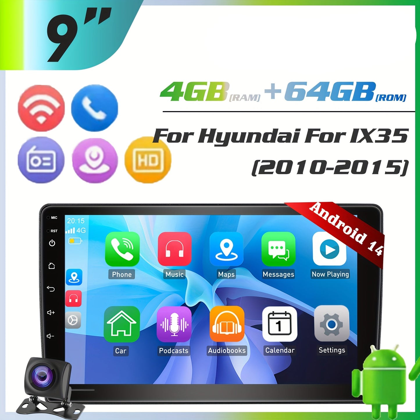 Android 14 Car Stereo – Multimedia Speler – Touchscreen Radio – In-Car Entertainment – 2-DIN Autoradio Met Camera – 9 Inch IPS Scherm – Wireless CarPlay & Android Auto