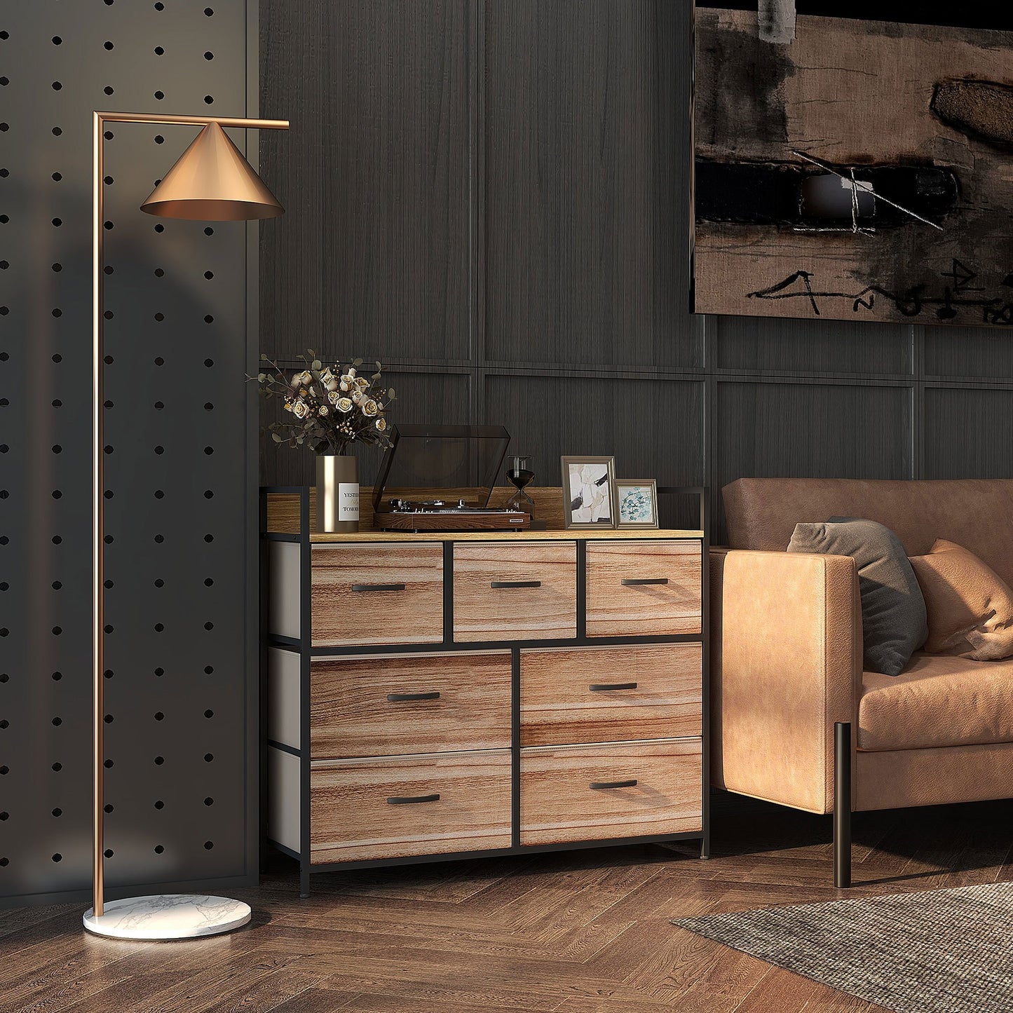 Opbergkast – Opbergmeubel – Kledingkast – Ladenkast – Stoffen lades – Zwart metalen frame – 7 inklapbare stoffen lades – Afm. 98x29x85 cm – Natuurlijke kleuren – Verstelbare poten