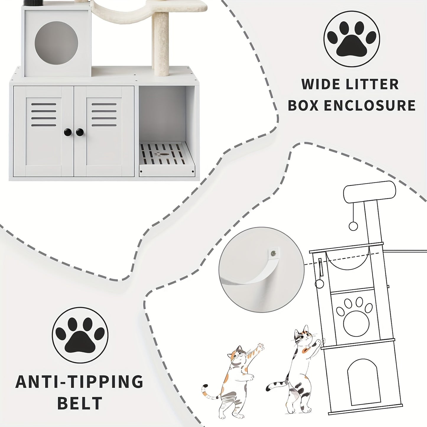 Kattenboom – Krabpaal – Speelhuis – Kattenmeubel – Kattentoren – Wit – Verborgen Kattenbak – Stevige Houten Constructie