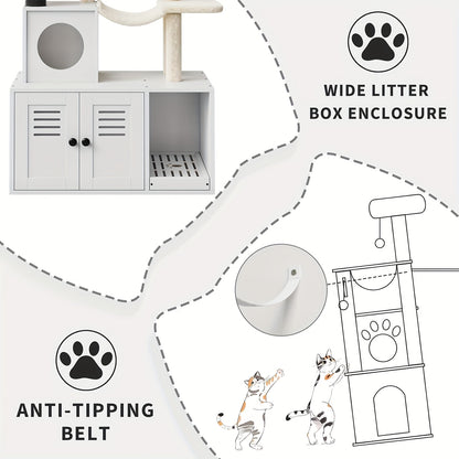 Kattenboom – Krabpaal – Speelhuis – Kattenmeubel – Kattentoren – Wit – Verborgen Kattenbak – Stevige Houten Constructie