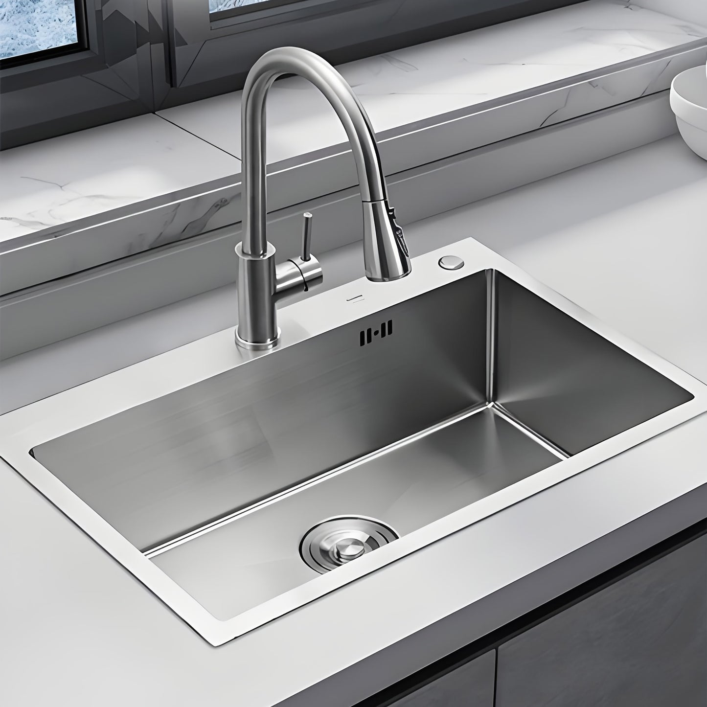 Large stainless steel sink with single basin in Silvery color, featuring a pull-out faucet and drain basket, measuring 80x50cm, complete with soap dispenser and drainage kit.