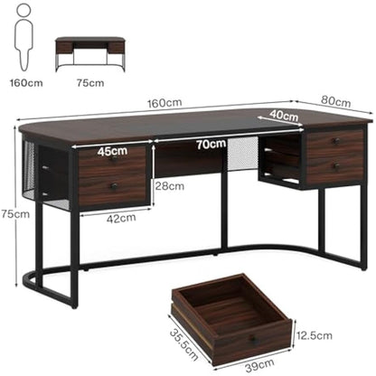 Bureau – Werktafel – Computertafel – Bureaublad – Bureaus – 160x80 cm – 4 Ruime Lades – Duurzaam MDF Metalen Frame – Donker Walnoot