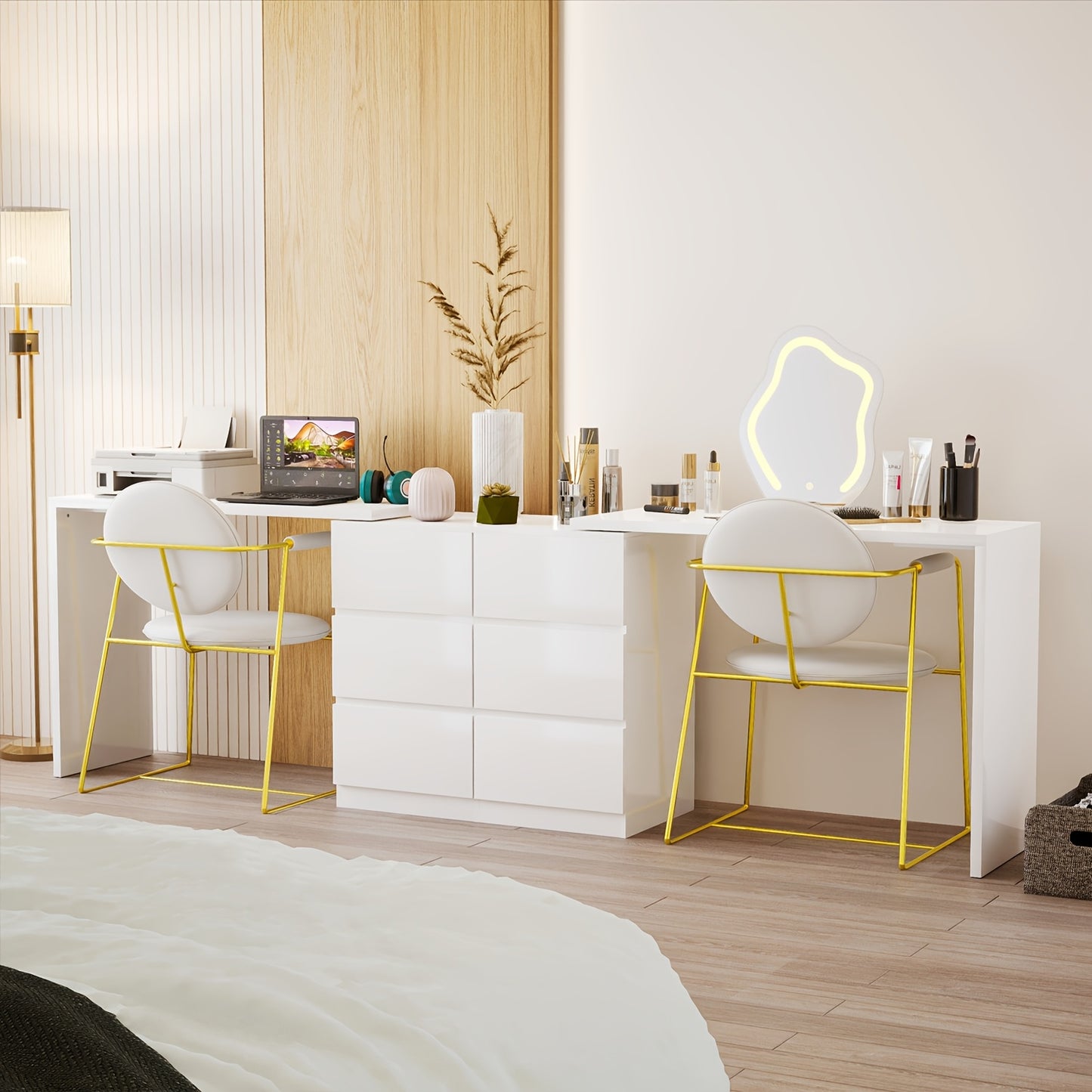 Kaptafel – Make-up Tafel – Dressoir – Opmaaktafel – Houten Kaptafel – Uitbreidbaar & Draaibaar Tafelblad – 6 Geluidsarme Lades – Wit