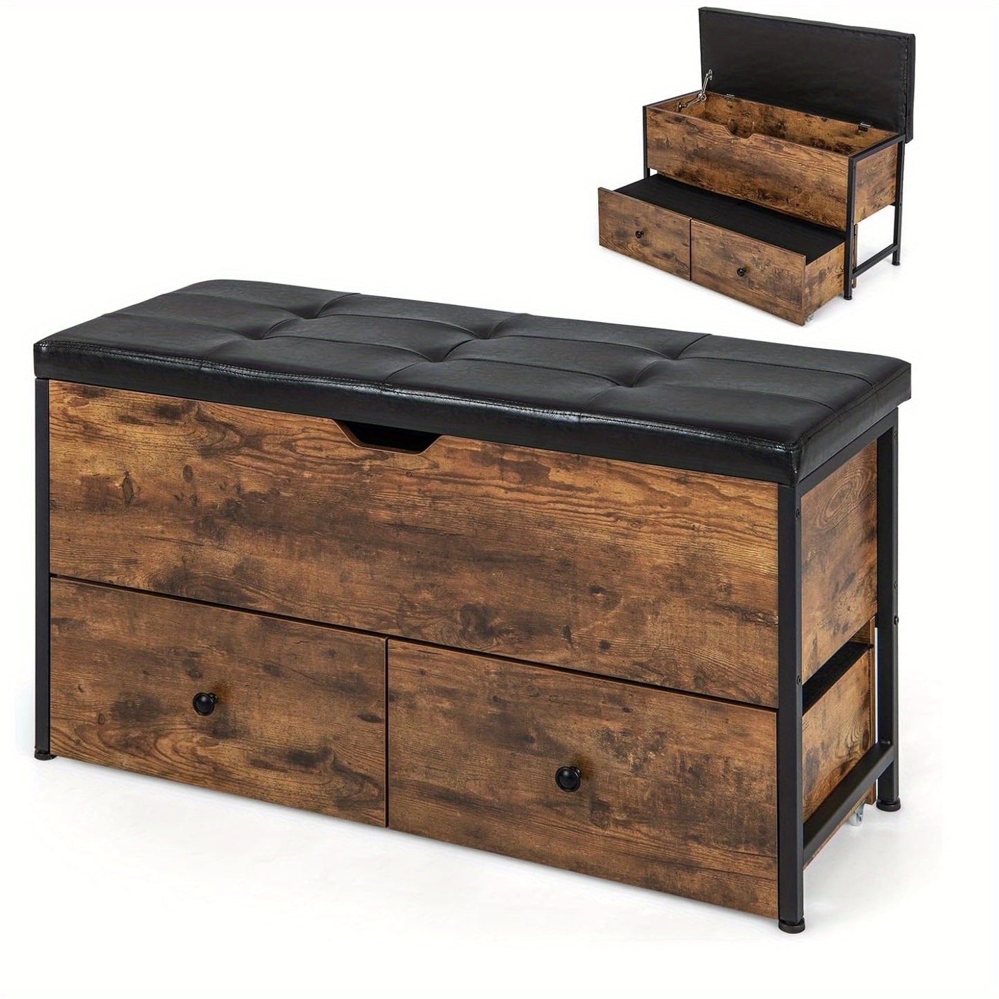 Schoenenbank – Schoenenkast – Schoenopberger – Halbank – Opbergbank – Extra breed met 2 laden – Houten constructie met metalen frame – 150 kg draagvermogen – Industrieel design – Bruin-1