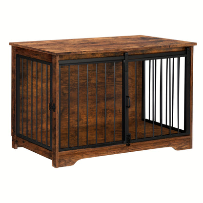 Houten Hondenbench – Hondenkooi – Huisdier Bench – Hondenhok – Hondenverblijf – Retro Bruin – 2-Deurs Met Schuifdeur – Slagvast & Uitbraakveilig – 60x100x68 cm – Duurzaam Gerecycled Hout & Staal