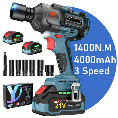 Yanhama 21V Cordless Impact Wrench with Brushless Motor, 1400Nm Torque, 3-Speed Adjustment, LED Work Light, Dual Batteries & Charger, Ergonomic Handle for Professional & DIY Projects, Cordless Impact Wrench, Robust Tool Desig