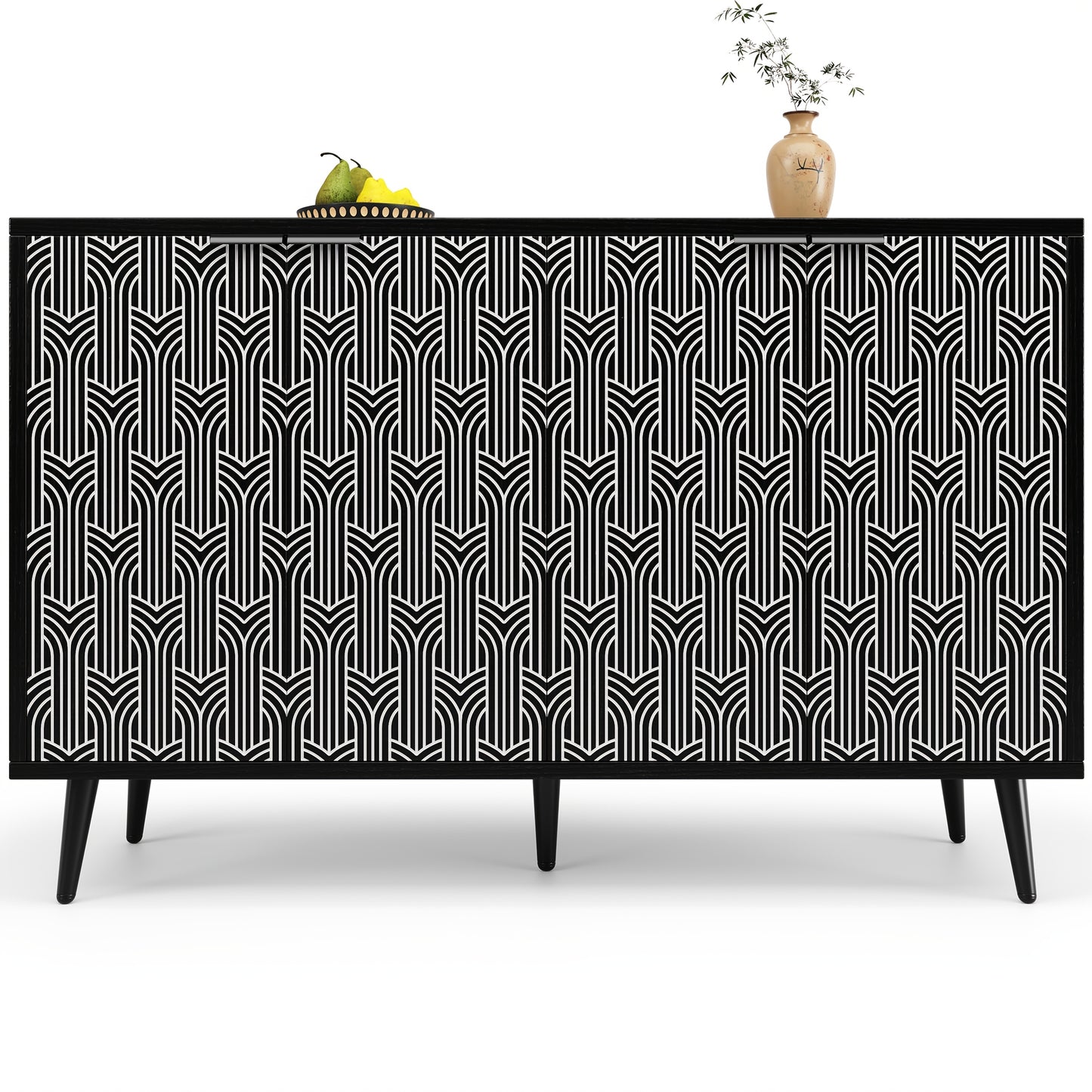 Modern Large Herringbone Storage Cabinet with Black & White Carved Doors - Freestanding Metal Frame (120x35x78cm) - White & Black Contemporary Furniture, Anti-Tip Design, Easy Assembly for Dining Room, Living Room, Bedroom -