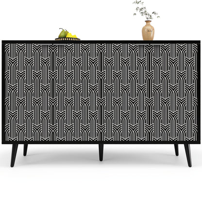 Modern Large Herringbone Storage Cabinet with Black & White Carved Doors - Freestanding Metal Frame (120x35x78cm) - White & Black Contemporary Furniture, Anti-Tip Design, Easy Assembly for Dining Room, Living Room, Bedroom -