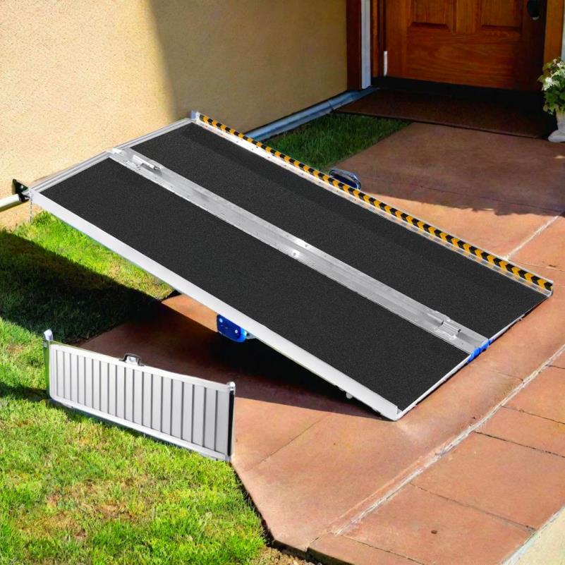 Rolstoelhellingbaan – Oprijplaat – Drempelhulp – Mobiele Hellingsbaan – Rollator Oprijplaat – Aluminium 182,88 cm – Draagvermogen 362,87 kg – Opvouwbaar Antislip Veiligheidsranden