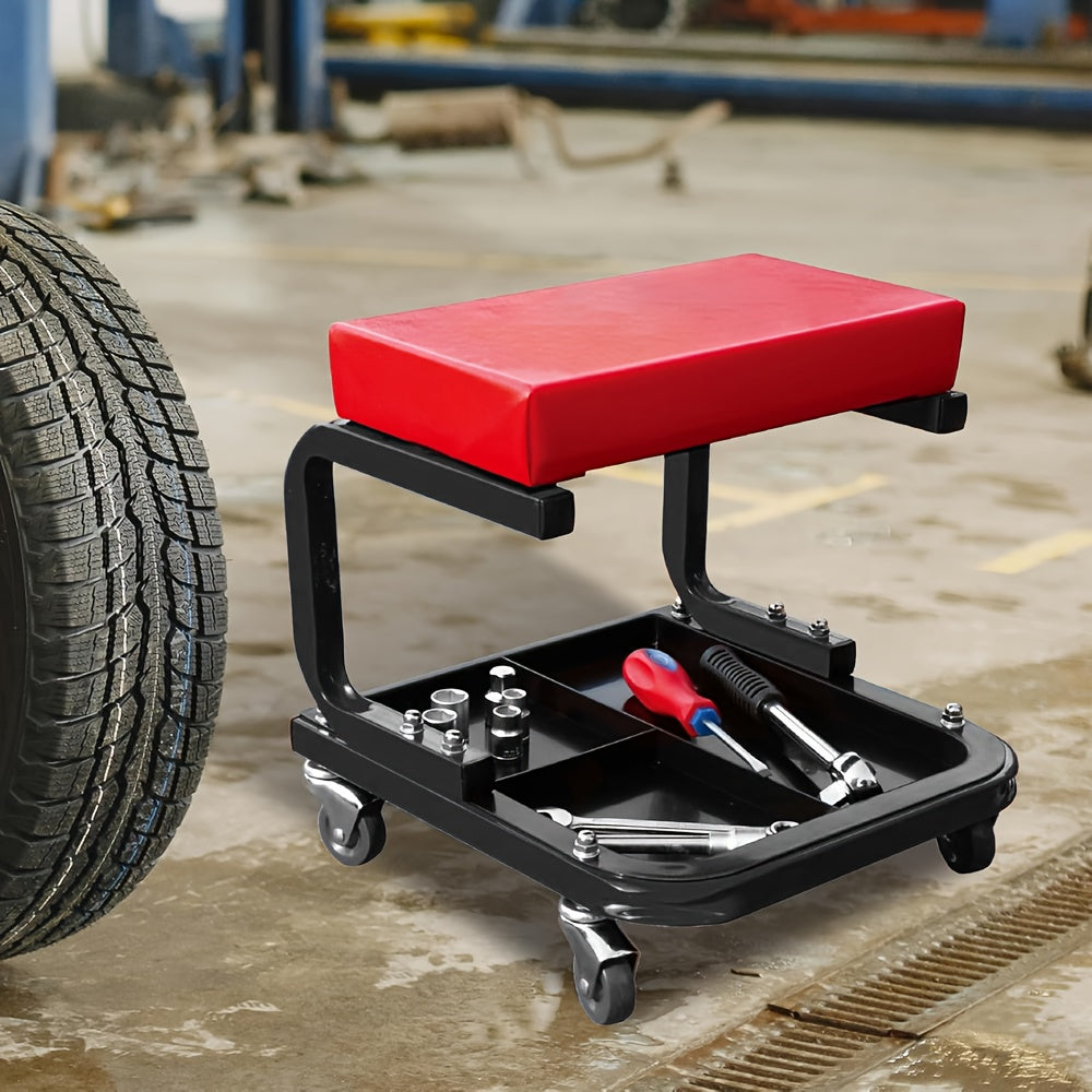 Universele Werkbank met Gereedschaptray – Rood Vierkant Krukje 36 x 37 x 33,5 cm – Met 4 Zwenkwielen, Ideaal voor Auto-, Schoonheids- en Reparatiewerkplaatsen