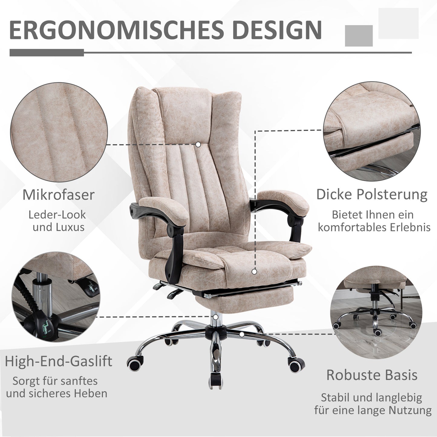 Bureaustoel – Draaistoel – Kantoorstoel – Office Chair – Gamestoel – Verstelbare Zithoogte – Inklapbare Voetensteun – Microfiber Bekleding – Plastic En Metalen Frame – Beige