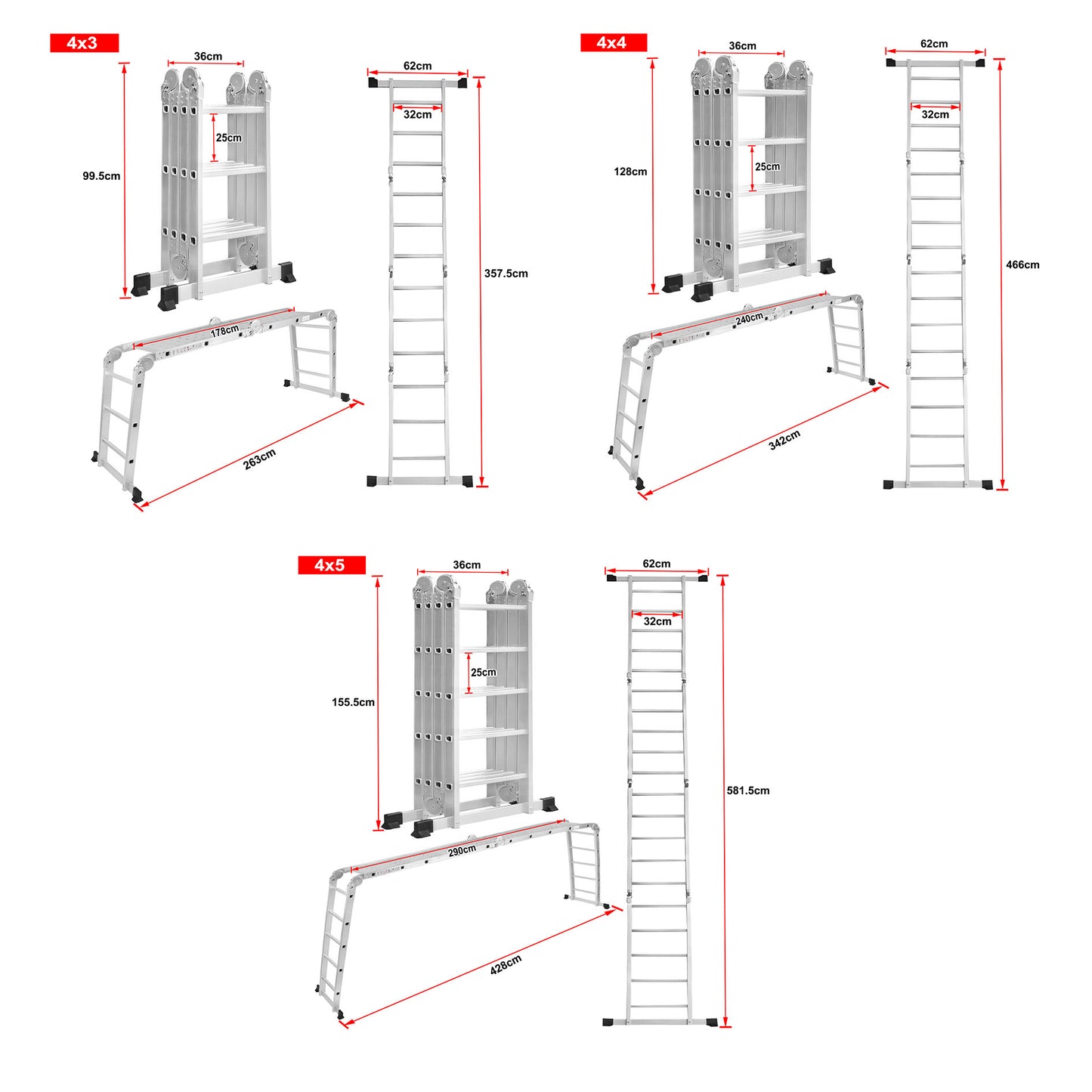 6-in-1 Vouwladder – Multifunctionele Ladder – Steekladder – Werksteiger – Opklapbare Ladder – Aluminium Constructie – Max 4 Meter Hoogte