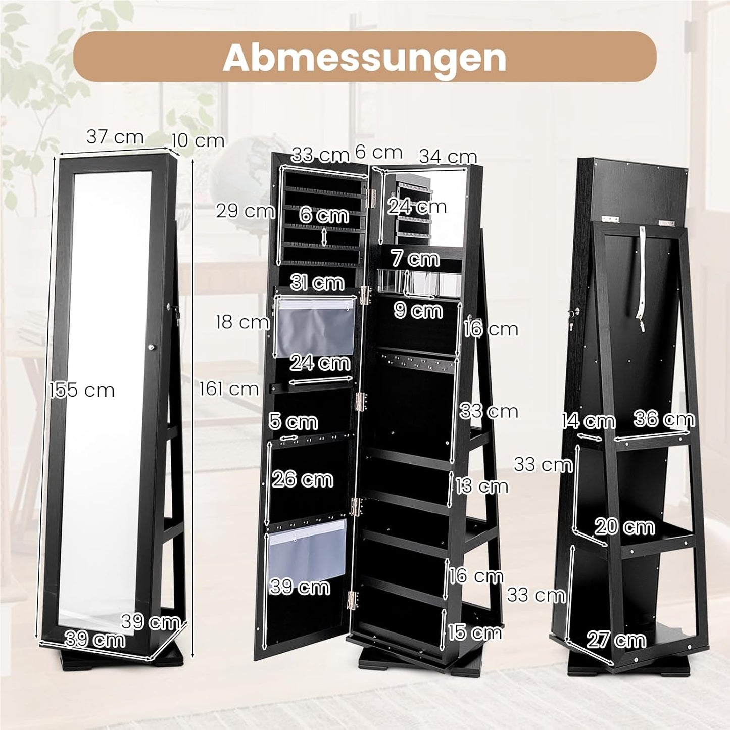 Sieradekast – Juwelenkast – Sieradenmeubel – Spiegelkast – Staande Opberger – Met Volledige Spiegel – Vergrendelbaar – Zwarte MDF Hout Afwerking