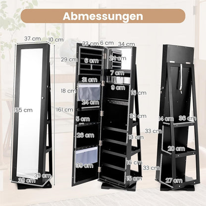 Sieradekast – Juwelenkast – Sieradenmeubel – Spiegelkast – Staande Opberger – Met Volledige Spiegel – Vergrendelbaar – Zwarte MDF Hout Afwerking