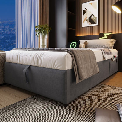 Eenpersoonsbed 90x200 cm – Bedframe – Opbergbed – Stalen Bed – Slatbodem – Stijlvol Modern – Comfortabel Stevig