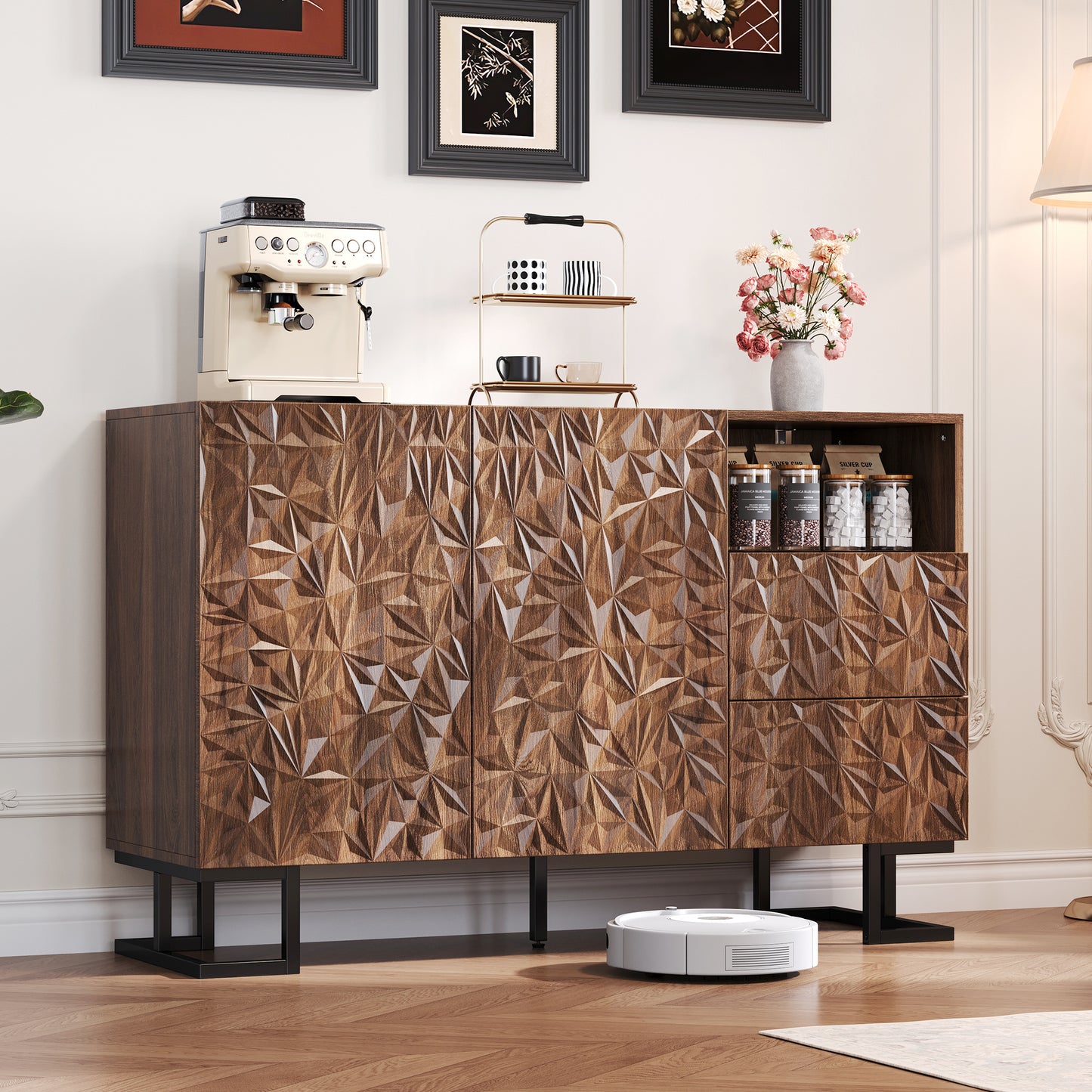Dressoir – Buffet – Opbergkast – Sideboard – Kast – Walnootfineer – Push-to-open Greeploos – Met Kantelbeveiliging