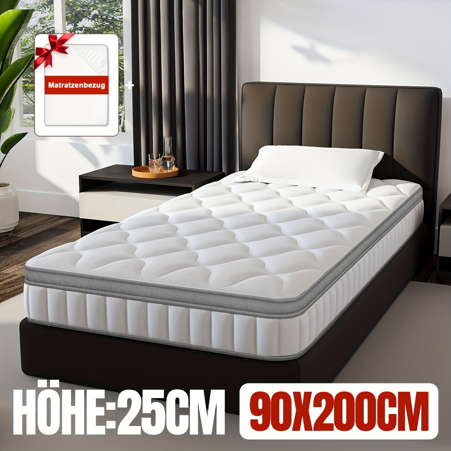 Matras – Pocketveringmatras – Koudschuimmatras – Tweepersoonsmatras – Eenpersoonsmatras – 90x200 cm – 7-Zones – 25 cm Hoog – Ademend & Hypoallergeen