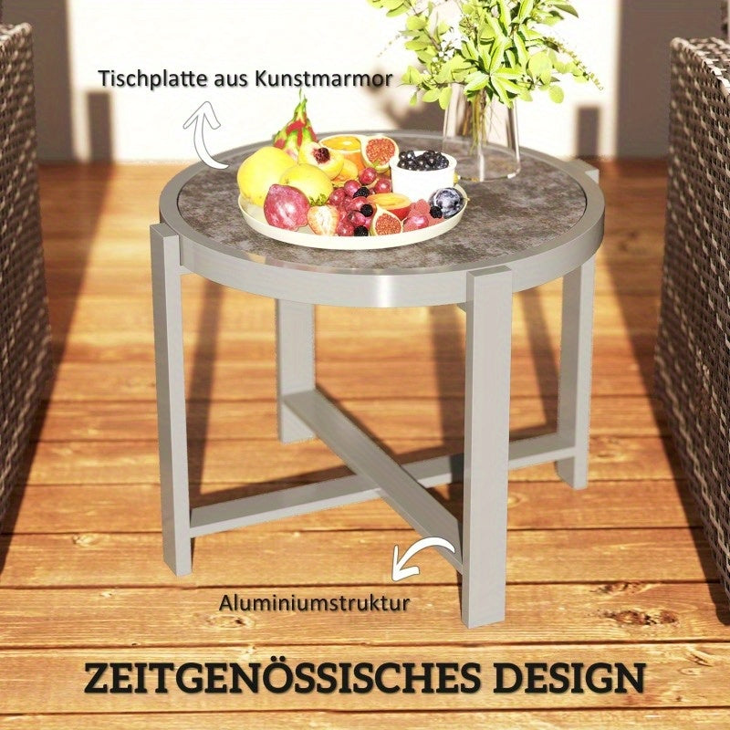 Bijzettafel – Sidetable – Nachtkastje – Banktafel – Koffietafel – Rond – Weerbestendig Aluminium – Marmerlook Grijs