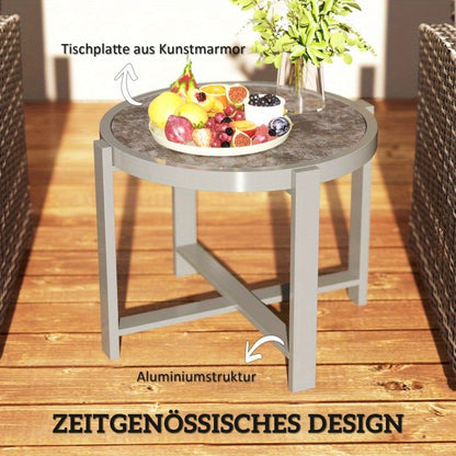 Bijzettafel – Sidetable – Nachtkastje – Banktafel – Koffietafel – Rond – Weerbestendig Aluminium – Marmerlook Grijs