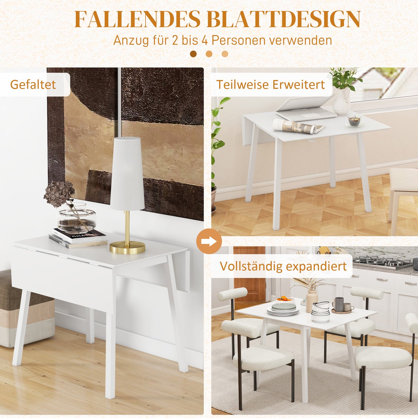 Opvouwbare Eettafel – Uitklapbare Tafel – Inklapbare Eettafel – Keukentafel – Compacte Eettafel – Wit – 2 Dubbele Klapbladen – 110x86x75 cm