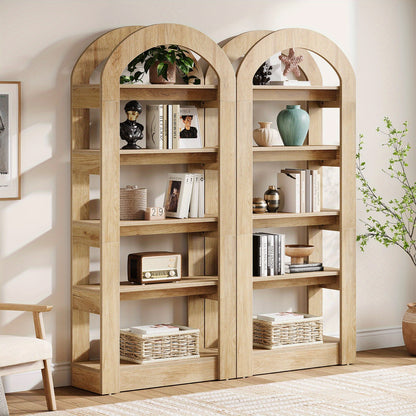 Boekenkast – Boekenrek – Opbergkast – Wandkast – Vakkenkast – Hoogstaand – Boogvormig Ontwerp – Hout & MDF – 5 Planken – Teak Kleur – Ruimtebesparend – 22,5 kg Draagvermogen per Plank