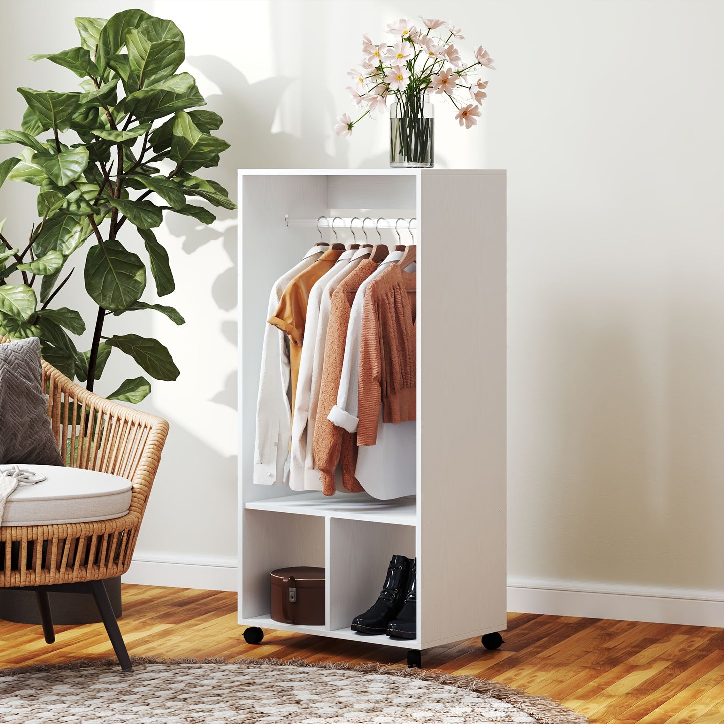 Witte Bamboe Kledingkast – Kledingrek – Opbergkast – Woonkamerkast – Dressoirkast – Met 4 Wieltjes – Ruimtebesparend Design – 127 cm Hoog – 3,2 Kubieke Voet Opbergruimte